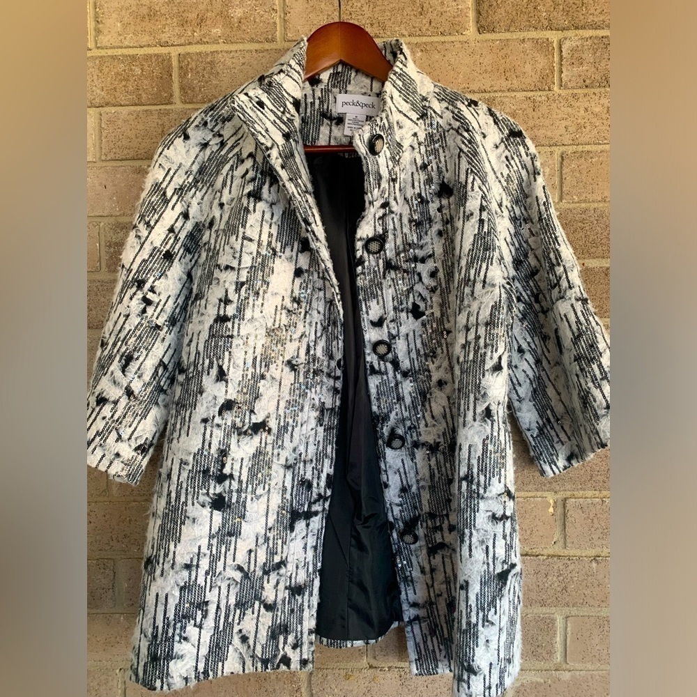PECK & PECK IVORY & BLACK SEQUIN EMBELLISHED 3/4 SLEEVE JACKET SIZE M